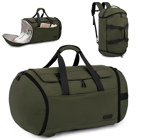 LOVEVOOK Borsa da viaggio sportiva, grande, 60 l, con scomparto per scarpe, scomparto umido, zaino da viaggio, borsa da viaggio per uomo e donna, palestra, viaggi, nuoto, verde scuro, 1-verde scuro
