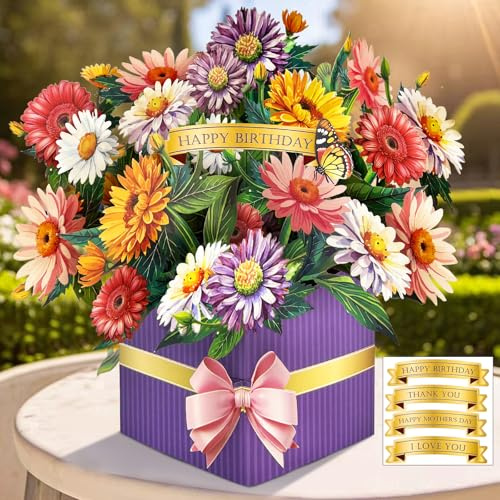Happivue Happy Birthday Cards for Women, 3D Daisy Bouquet Birthday Cards | Birthday Gifts Cards for Mum, Floral Design Pop Up Greeting Cards for Wife Mom Daughter Sister Female Special Friends