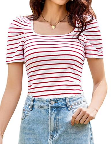 Aottori Maglietta Donna a Righe Manica Corta Elegante T-Shirt con Scollo Quadrato Estivo Top Elasticizzato Casual Shirt Slim Fit vestibilità Classica Rosso S