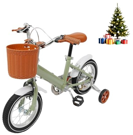 HUOMMGS 12 Zoll Kinderfahrrad Upgraded Kinder Fahrrad für ab 2-4 Jahre Höhenverstellbar Kinderfahrrad mit Stützrädern und Korb Jugend Fahrrad für Jungen & Mädchen (Grün)