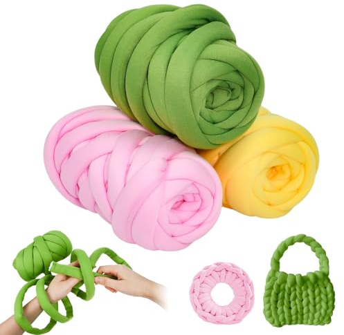 VGECEE 750g/39m 2.5cm Ovillo Hilo de Lana Grueso 3 Rollos Rosa/Verde/Amarillo, Grueso Hilo Tubular para Tejer a Mano Chunky Yarn Hilo Crochet Manta para Tejer Diy Crochet, de Poliéster y Algodón