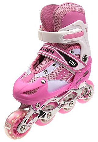Belfoyer Inline Skates mit 4 Leuchtrollen, Verstellbare Rollschuhe Kinder für Mädchen & Jungen, Inliner LED, Größen S(Rosa)