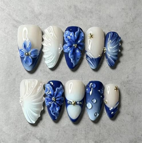 MouyouGlow 30 stycken nagelkonst korta, mandelblå fransk 3D lilja blommor guld sjöstjärna hav pärla vatten revben mandelmönster korta falska naglar