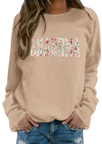 Broderade tröjor för kvinnor med mormormotiv, ledig rundhalströja med blommig applikation för mormödrar, mjuk bomullsblandning, perfekt som present eller för daglig skötsel