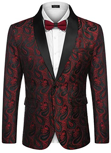 COOFANDY Mens Floral Tuxedo Jacket Paisley Shawl Lapel Suit Blazer Jacket for Dinner,Prom,Wedding Wine Red