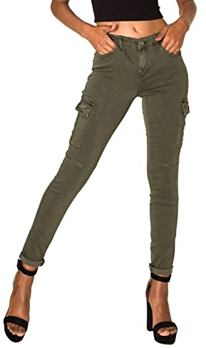 Nina Carter - S353 - Pantalon cargo pour femme - Sur mesure - Élastique - Look usé, Kaki foncé (S378), M