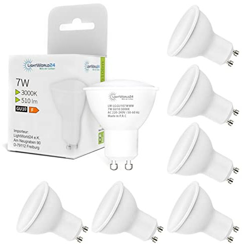 LIGHTWORLD24 Lampadine LED GU10, 7W Equivalenti a 40W Alogene, Luce Calda 3000K, 510 Lumen, Angolo di Diffusione 120°, 220–240V, Confezione da 6