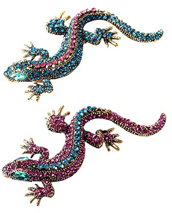 Opexicos 2 spille divertenti a forma di lucertola con diamanti, da donna, a forma di geco, per feste, vestiti, gioielli, spilla vintage in metallo, Metallo