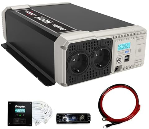 Energizer 1100 W /2200 W 12 V auf 230 V Reiner Sinus Auto Wechselrichter mit AC Netzteil, 2 USB Ports und Batteriefach, DC zu AC Konverter mit Einbauset