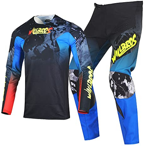 Willbros Pantalones de Jersey Camiseta de Motocross MX Todoterreno Bicicleta Partido Hombre MTB BMX Adultos Negro Azul Rojo (Jersey M Pants 32)