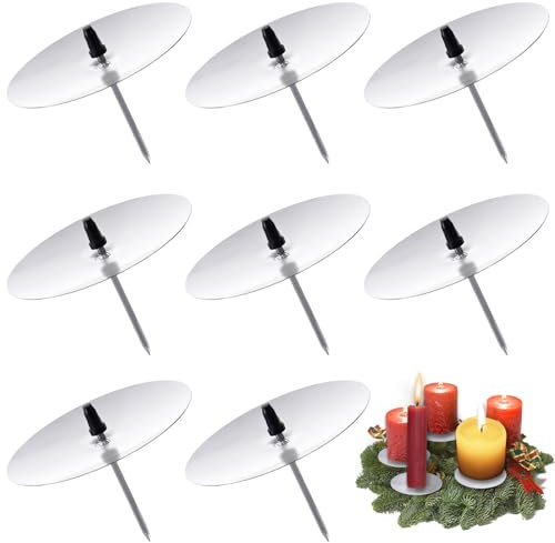 8 Stück Kerzenhalter Stumpenkerzen, Ø 6 cm Adventskranz für Kerzenhalter Silber, Adventskerzenhalter Metall Kerzenleuchter mit Dorn, für DIY Adventskranz Deko Weihnachten Kerzenteller