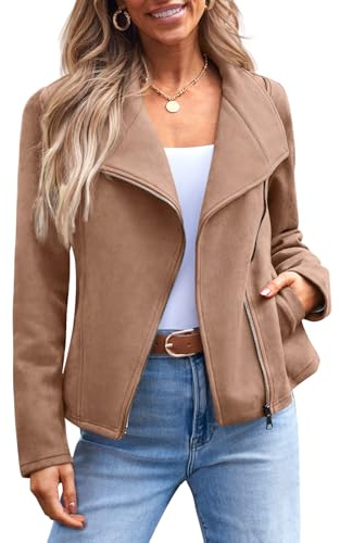 AUTOMET Women‘s Faux Suede Leather Jacket, Cropped Open Front Coat for Fall Winter Spring, Cardigan Style Camel M