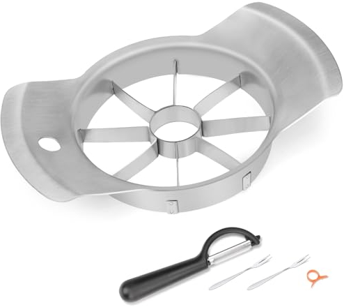 Cortador de manzanas, 8 cuchillas de acero inoxidable súper afiladas, cortador de manzanas, descorazonador y divisor, 1 pelador súper afilado, 2 tenedores de frutas de acero inoxidable y 1 herramienta