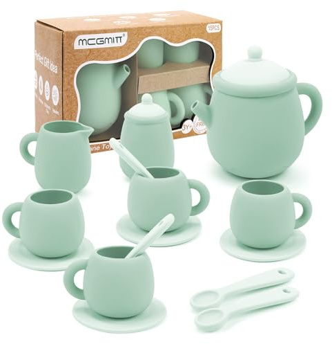 MCGMITT Silicone Tea Set, Tea Party Set for Little Girls Boys, 15 Pcs BPA Free Dishwasher Safe Pretend Tea Set for Toddlers Kids Age 3-6, Cute Toy Kitchen Accessories for Children Birthday Gifts