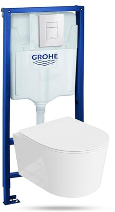 LAVITA Elemento da parete Solido + parete sospesa WC Loso bianco senza bordi e sedile WC SoftClose | Pulsante bianco lucido | Set completo | Cassetta di risciacquo da incasso | WC completo |