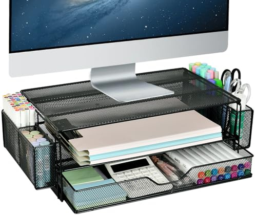 AUPSEN 2 nivåers datorskärmsstativ med låda och 2 pennhållare, metallmonitorstativ monitorstigare, datorskrivbordsorganisatör och tillbehör för bärbar dator, dator, skrivare, kontorsmaterial (svart)