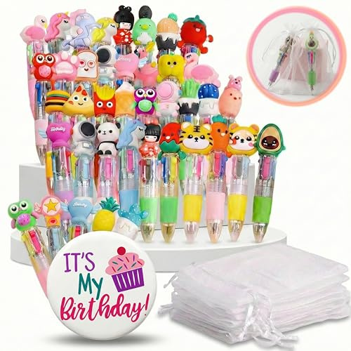Pack 31 Boligrafo Multicolor, 31 Bolsas, 1 Chapa Cumpleañera, Pack Regalos Cumpleaños Niños Colegio,Boligrafo 4 Colores.Detalles Cumpleaños Niños Infantil,Relleno Piñata,Regalitos Fin de Curso Alumnos
