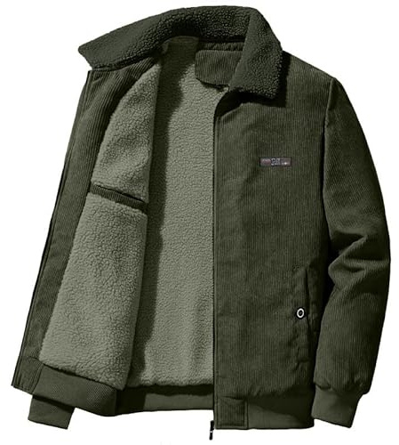 Chaqueta de pana forrada para hombre, cálida chaqueta de otoño, cómoda chaqueta de entretiempo, chaqueta cargo sólida, abrigo de lana con cuello de pelo de peluche, invierno, verde, L