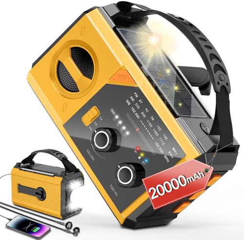 20000mAh Emergency Radio, 74000mWh NOAA Weather Radio, Wireless Hand Crank Solar AM/FM Radio with Fast Charge Rechargeable Solar Battery, Flashlight, SOS Alert, Outdoor Survival Gear Kit（Yellow）