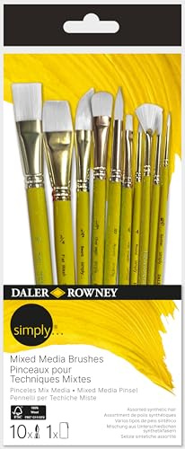 Daler-Rowney Simply Mixed Media Brush Set, 10 Pieces, Short Handle, Watercolour, Acrylic, Mixed Media, Oil Painting, Art Tools, For Entry-Level Artists & Hobbyists