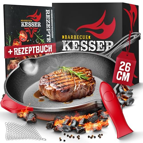 KESSER® Gusseisenpfanne rund 26cm | Gusseisen Bratpfanne Induktion | Cast Iron Pan für Gasgrill, Backofen, Kohlegrill | Steakpfanne voreingebrannt | Inkl. Schutzgriffe, Rezeptbuch und Ringreiniger