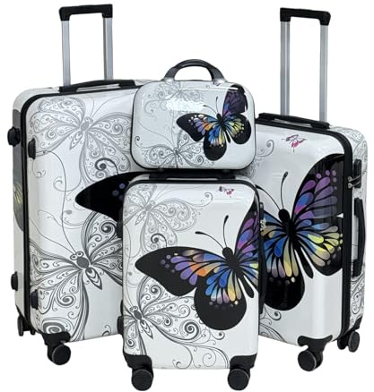 SUREVOY Stile classico Stampa farfalla bianca Set di valigie da viaggio da 4 pezzi 14/20/24/28 pollici Materiale ABS+PC Superficie lucida con ruote universali silenziose