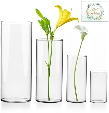 ZUSUZU Hohe Glasvasen für Tischdeko,Glasvase Zylinder vase in 4 Größen,Gläser für Kerzen,Blumen,Kieselsteine,Muscheln & Windlicht Glas,Durchsichtige Glasvase Zylinder,Windlicht Glas Kerzenhalter