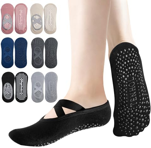 FICOFISE 6 Paires de Chaussettes Pilates Femme Anti-Dérapantes Respirables - Taille 34-39 avec Croisillons Élastiques, Confortables pour Yoga, Pilates, Danse & Fitness (Yoga Antiderapant Chaussettes)