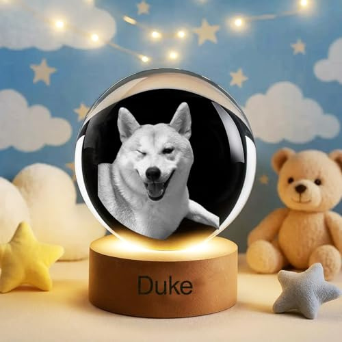 BBGDP Foto Personalizada De Mascota En Cristal 3D Redondo Con Base LED, Luz Nocturna Conmemorativa Personalizada For Amantes De Los Perros Y Los Gatos