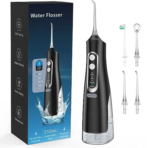 Jet Dentaire Hydropulseur Portable, Jet Dentaire Sans Fil Rechargeable avec 4 Modes Capacité de 310 ml IPX7 Étanche
