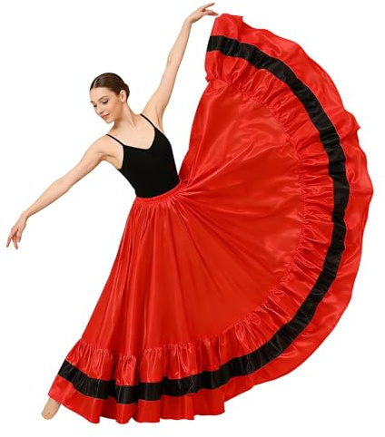Women Flamenco Ruffle Satin Full Long Skirt Maxi Spanish Folklorico Dress for Belly Dance Performances Costume (Red)