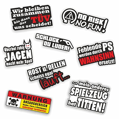 Folien-Zentrum - 8 Aufkleber Set - hochwertiger Aufkleber Auto Tuning - OEM & JDM Autosticker - Lustige Sprüche Sticker Decal für Auto Car - Stickerbomb - Autoaufkleber Fun - Made in Germany