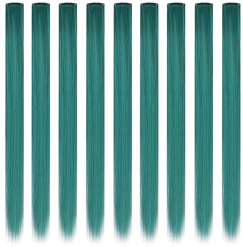 MQY COLOR 9PCS 21'' Blaugrün Haarschmuck Perückenteile Clip in Farbige Haarverlängerungen für Mädchen Party Highlights Synthetische Bunte Haarteile für Mädchen Damen (dunkles Türkis)