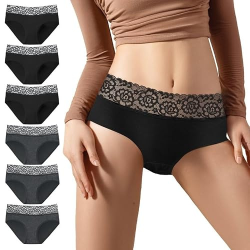 EKSHER Mutande di Pizzo Donna Sexy Hipster Slip Vita Media Cotone Comfort Mutandine Pacco da 6