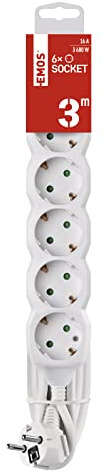 EMOS - 6-Fach Steckdosenleiste 3m - 6 Schuko-Steckdosen 45° gedreht - 250 V, 16 A, 3680 W - hochwertige PVC-Isolierung - H05VV-F3G 1,5 mm2 - erhöhter Berührungsschutz - IP20 für Innen - weiß
