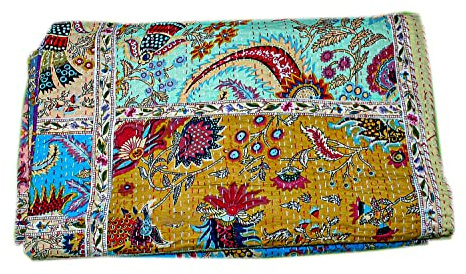 Trapunta Kantha stampata Ikat indiana, fatta a mano, in cotone, coperta da letto Kantha cucita a mano Gudari, copriletto Kantha bohémien (multicolore, singolo - 228 x 152 cm)