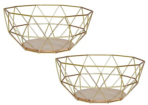 levandeo Uppsättning av 2 korgar, metall, guld, 26 x 12 cm, fruktkorgar, modern, trä, MDF brun, skål, skål, dekoration, fruktskål, bordsdekoration