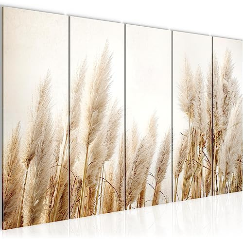 Runa Art Cuadro XXL Boho hierba de la pampa 200 x 80 cm Beige 5 Piezas - Made in Germany - 044455a