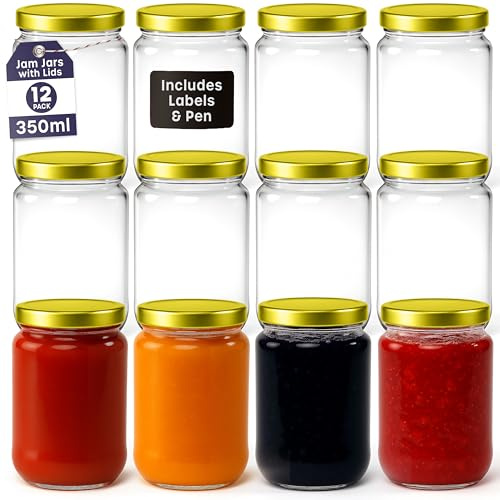 Volila Round Jam Jars with Gold Screw Top Lids - 350ml Airtight Jars for Jam, Preserves, Marmalade & Pickle - 12 Pack with Labels and Pen