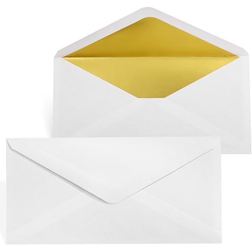 Briefumschläge DIN Lang mit Gold Innenfutter - 22 x 11 cm - Weiß - gefüttert mit Goldfolienpapier- Nassklebung - 50 Stück…