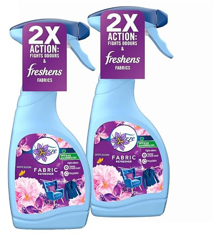 Fabric Air Freshener Spray Bundle - Pack of 2 x 500ml Exotic Bloom Water-Based Formula Fabric Spray, Carpet Freshener. Great Odour Eliminator. Room Fresheners for Home with Topline Card