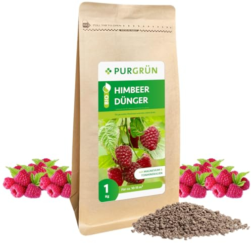 Purgrün® Bio-Himbeerdünger 1 kg – Organisch-mineralische Rezeptur – Feinkörniges Krümelgranulat – NPK 6+4+5 – Magnesium für süße Himbeeren – Verbessert die Bodenqualität – Chloridarm