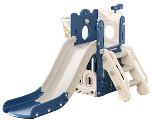 FUKEA 4-in-1 Kids Slide, Toddler Castle Slide Climbing Frame with Storage Box Basketball Hoop, Garden Slide Playground for Toddlers age 1-3 Birthday Gift(Blue)
