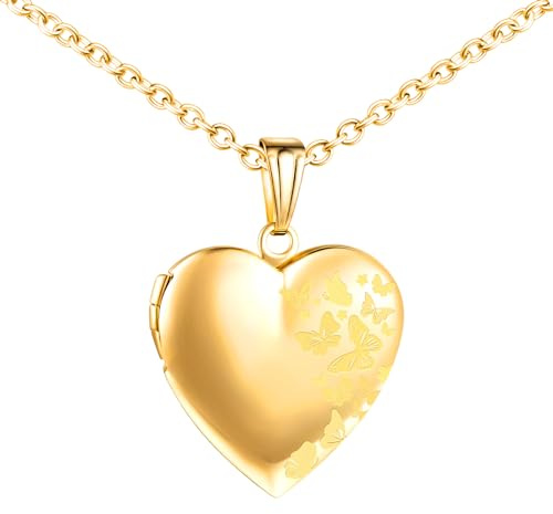 MICMIF Collar Medallón Personalizado para Mujer, Colgante de Corazón con Mariposas, Acero inoxidable Collar Relicarios para 2 Fotos Joyería con Cadena 50cm