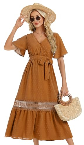 KOJOOIN Sommerkleid Damen Maxikleid mit Gürtel Kurzarm 2024 Sommerkleid Elegant Strandkleid V-Ausschnitt Gelb L