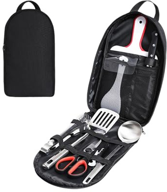 BRAVECOW Portable Cookware Utensils 9Pcs Outdoor Camping Cookware Set Barbecue Stainless Steel Picnic Tableware Simple Kitchen with Organizer Bag Travel Camping Cooking Accessories