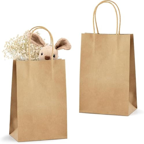 30 Stück Braun Papiertüten mit Henkel- 15 x 21 x 8 cm,Kraftpapiertüte mit Henkel zum Geschenke, Papiertragetasche mit Kordelgriff, Geschenktüten