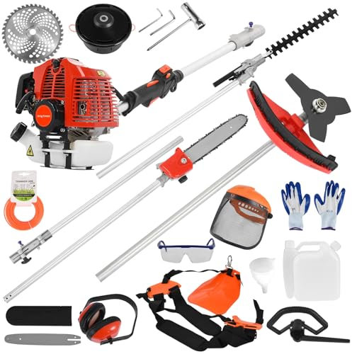 Profi Benzin Motorsense, 5in1 Multitool für Garten – Rasentrimmer, Heckenschere, Hochentaster, Kettensäge, Schwert/Kette, schwenkbar, mit Schnellwechsler und Gurt, 62cc 2-Takt Freischneider Rot