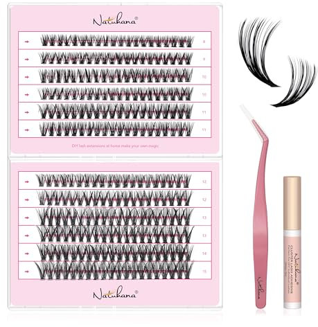 Natuhana Pestañas Postizas Cluster Lashes Kit,DIY Extensiones de Pestañas Pelo a Pelo com 240 PCS,8-15mm Mixto 0.07mm Naturales Eyelash con Pinzas y Pegamento(10P, Negro, 8-15mm)