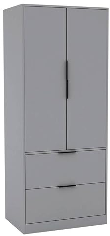 URBNLIVING 2 Door 2 Drawer Minimalist Bedroom Grey Wardrobe Storage & Hanging Rail Modern Furniture with Clothes Shelf for Home Organiser Unit 179cm H x 74cm W x 50cm D